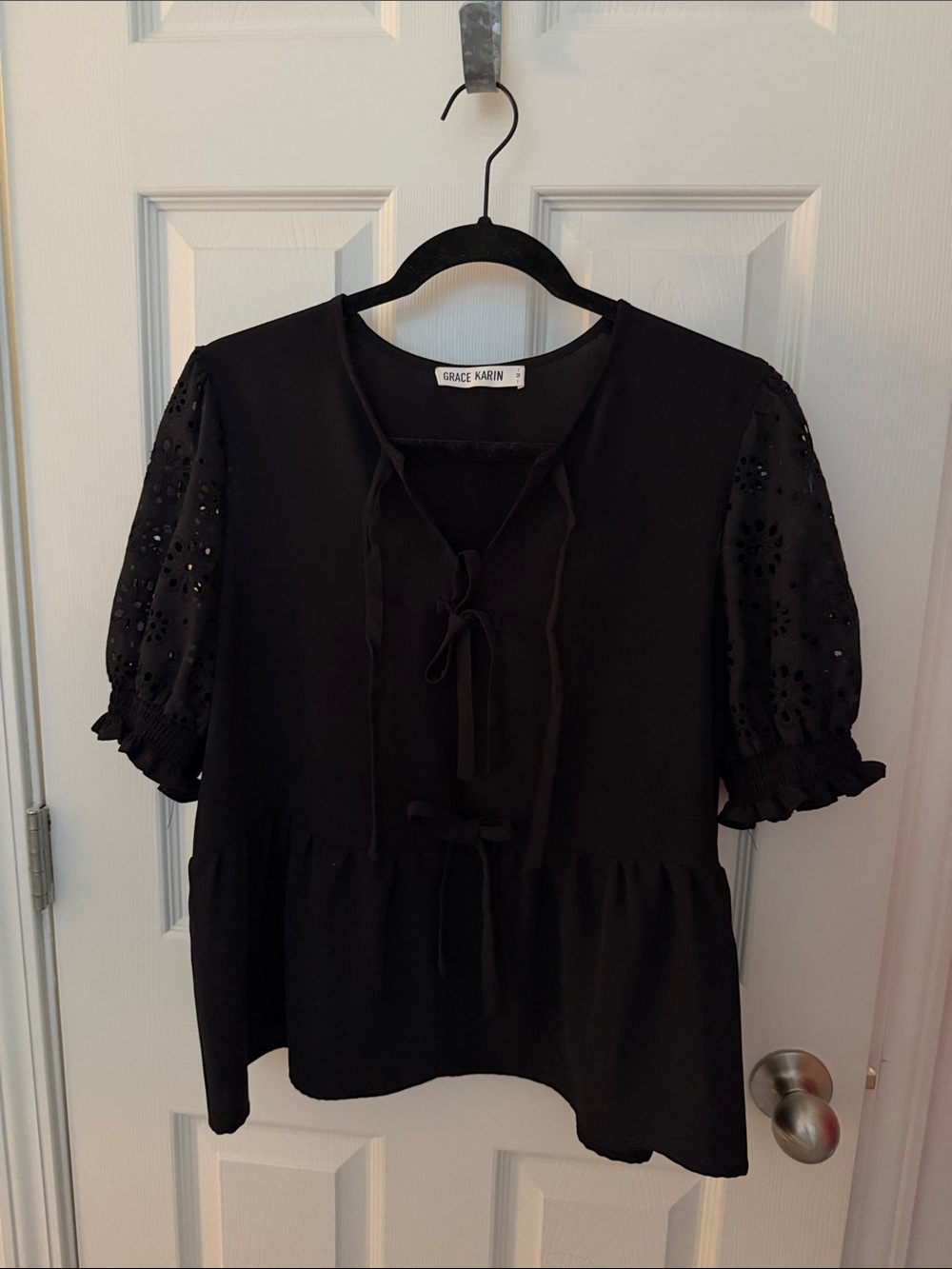 Grace Karin Black Tie-Front Peplum Blouse with Eyelet Sleeves